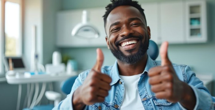 Happy dental patient giving two thumbs up