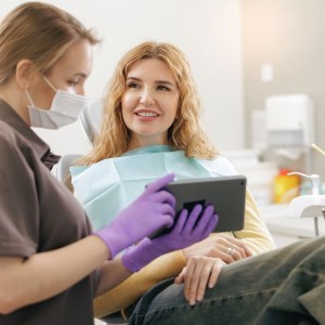 Patient and dental team member looking at tablet