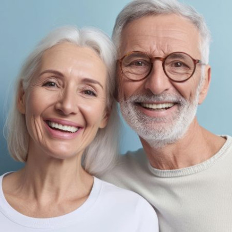 Happy senior couple standing against blue background