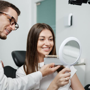 Dentist holding shade guide next to patient’s teeth